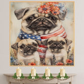 Patriotic Pug Mom with Puppies in American Flag and Floral Headband with Festive Summer Backdrop on Ready to Hang 1.5" Thick Canvas Wrap, Floating Framed Canvas, Flat Rolled Canvas